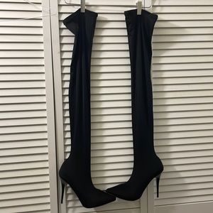 BLACK FABRIC OVER-THE-KNEE HEELED BOOTIES WITH POINTED TOE
